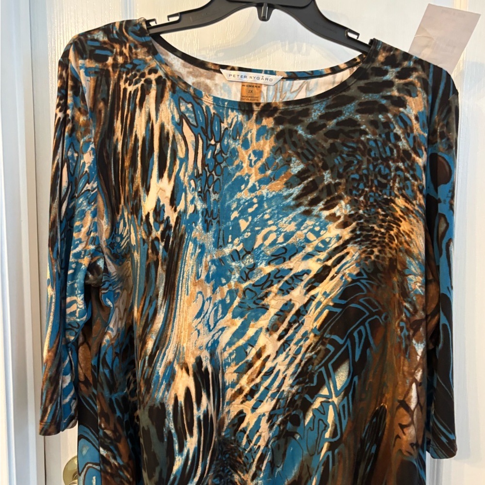 Peter Nygard Women's Blue and Brown Patterned Blouse